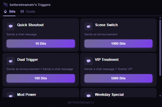 BetterStreams Twitch Extension showing trigger menu with Bits pricing