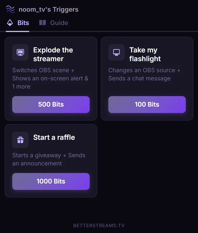 The extension's Bits tab, each item showing its name, what it does, and a button with the Bits amount it takes.