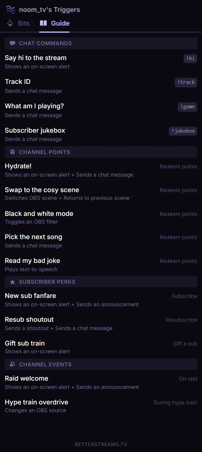 The guide with triggers grouped under source headings such as Channel Points and Chat Commands, each entry showing what it does.