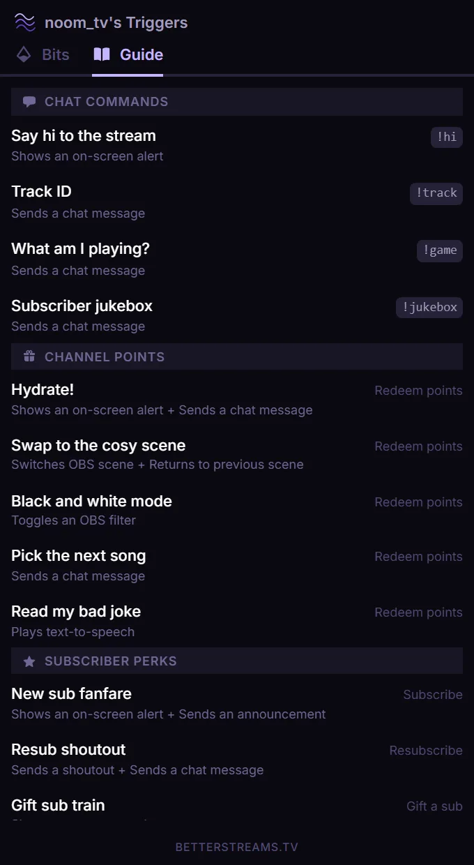 The BetterStreams guide open over a Twitch stream, listing the things a viewer can set off in the channel with what each one takes.