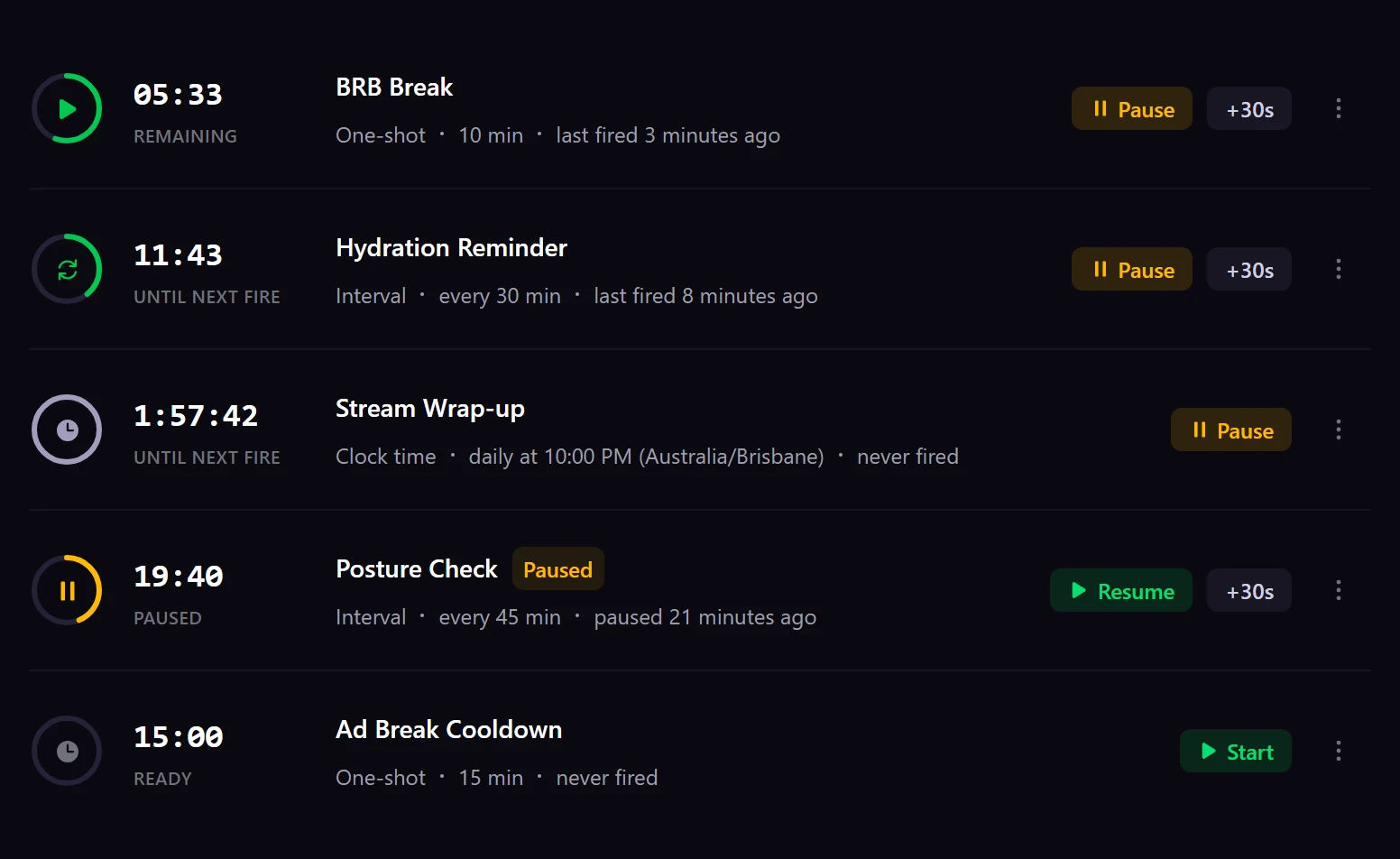 Timers page showing running countdown, interval, and scheduled timers