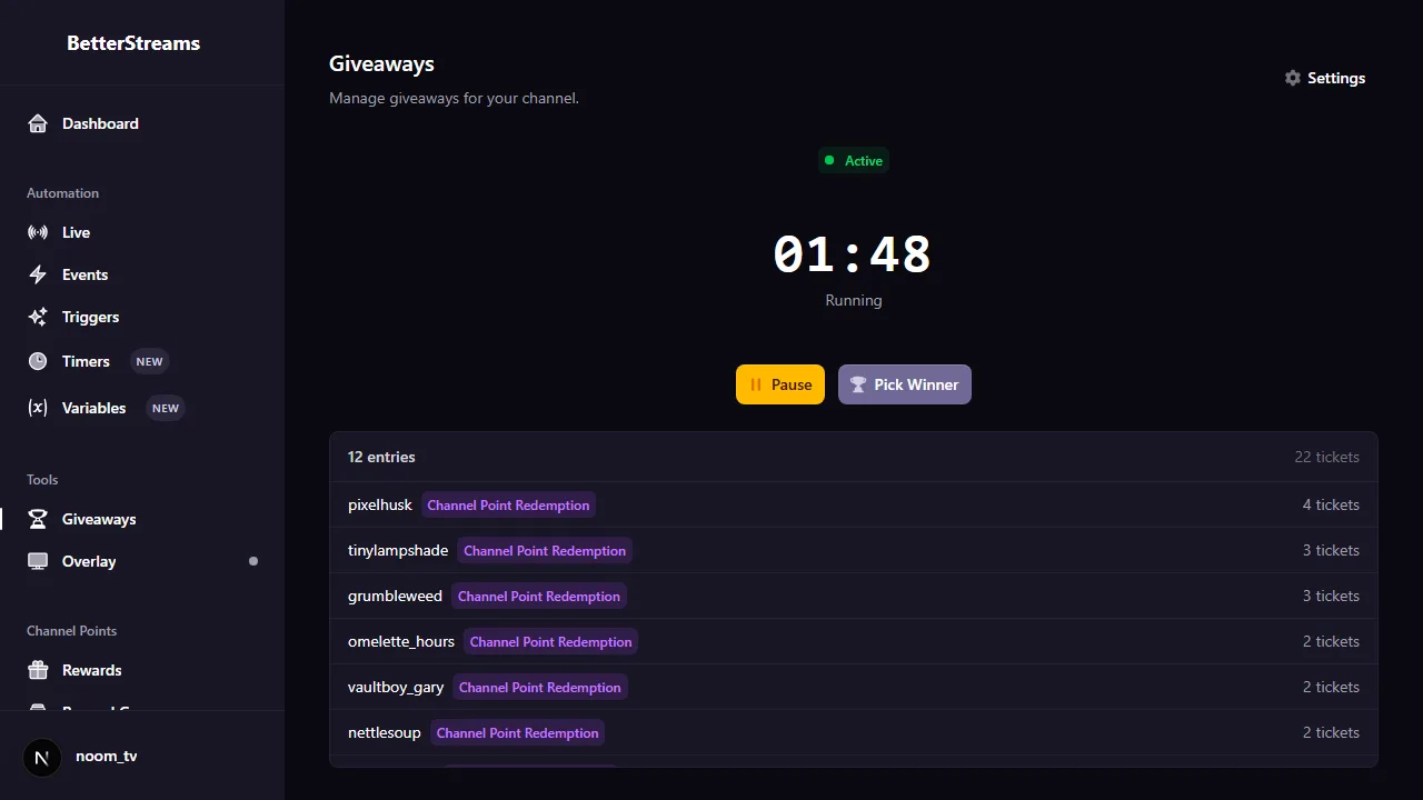 A giveaway running in BetterStreams, showing the countdown timer, the live entrant count and the list of entrants.