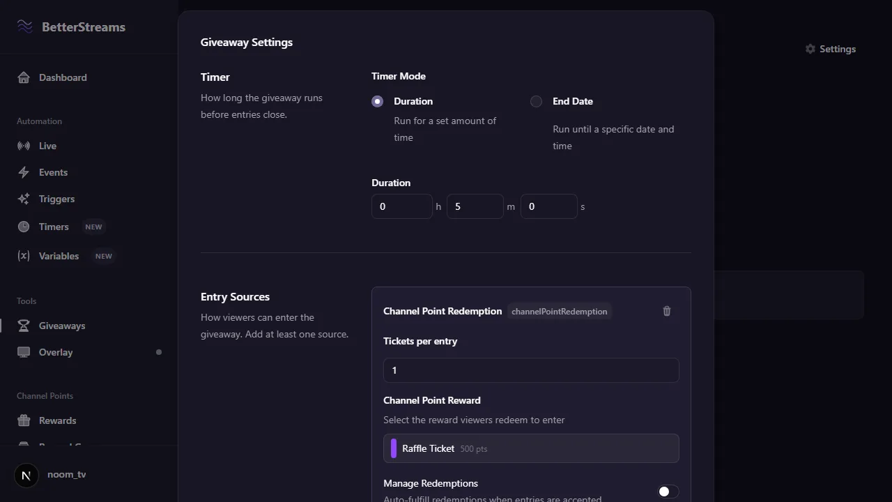 The giveaway setup screen with channel point redemption chosen as the entry source and a five minute countdown timer.