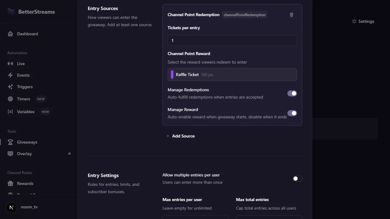 The channel point source settings for the Raffle Ticket reward, with the Manage Redemptions and Manage Reward toggles both switched on.