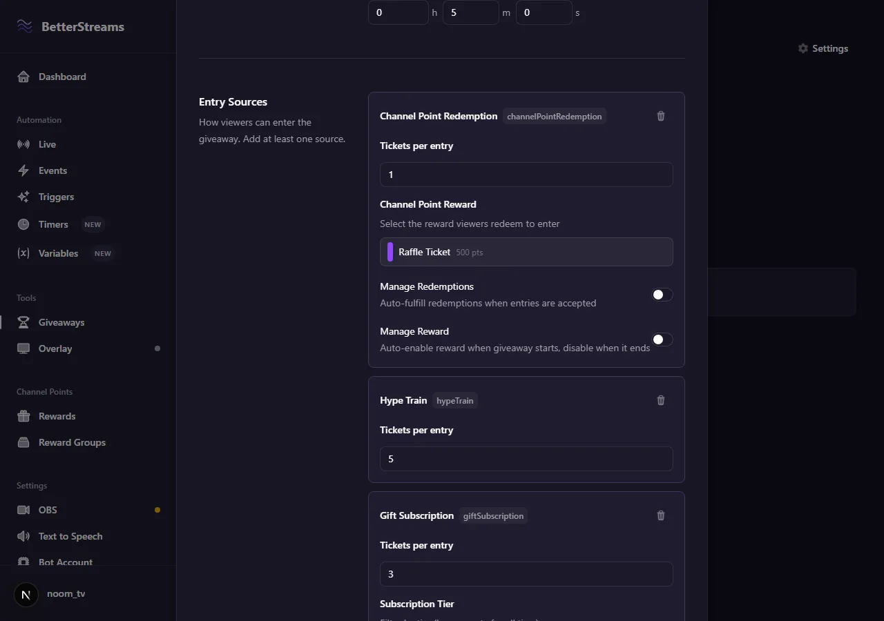 The entry sources panel with several sources feeding one giveaway: channel points at one ticket per entry, hype train at five, and gift subscription at three.