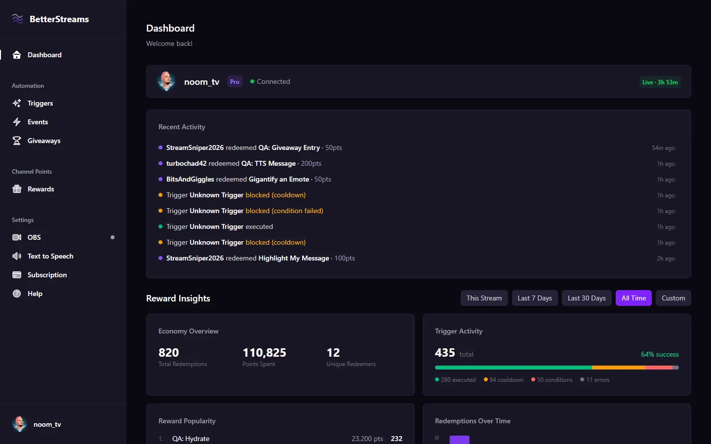 BetterStreams dashboard showing trigger automation