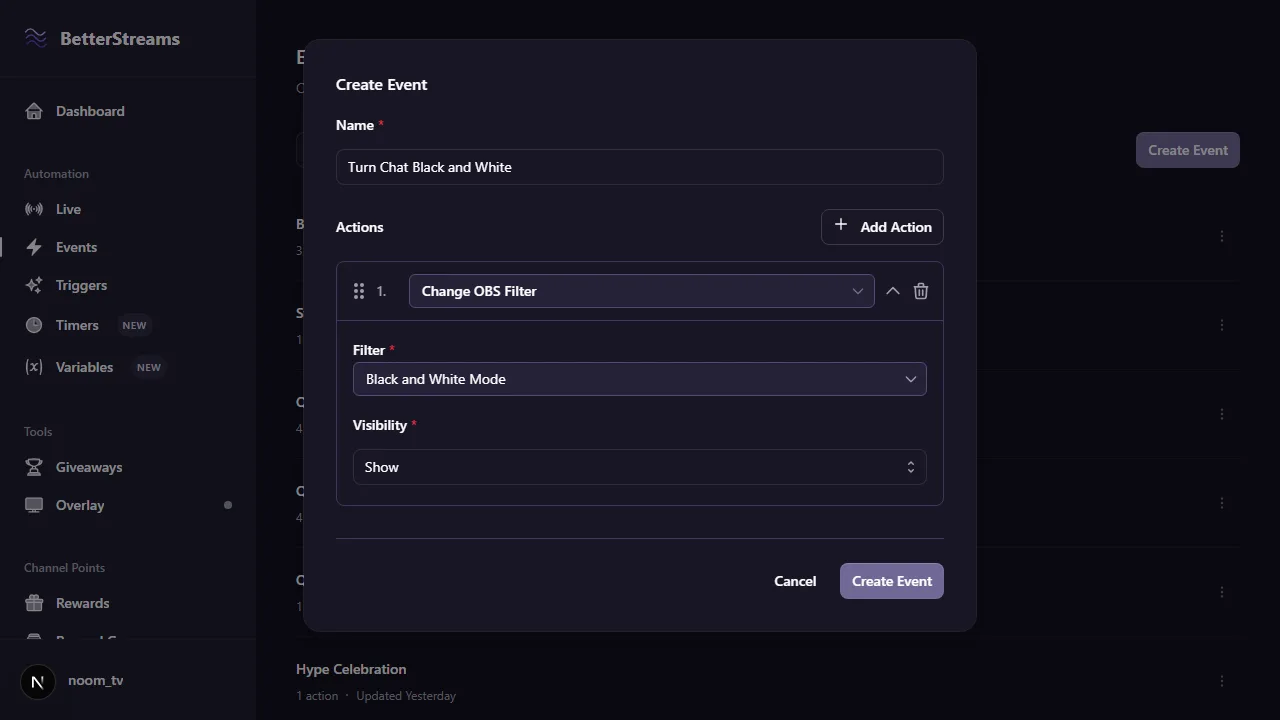 A Change OBS Filter action in the editor with a black and white filter chosen and its visibility set to show.