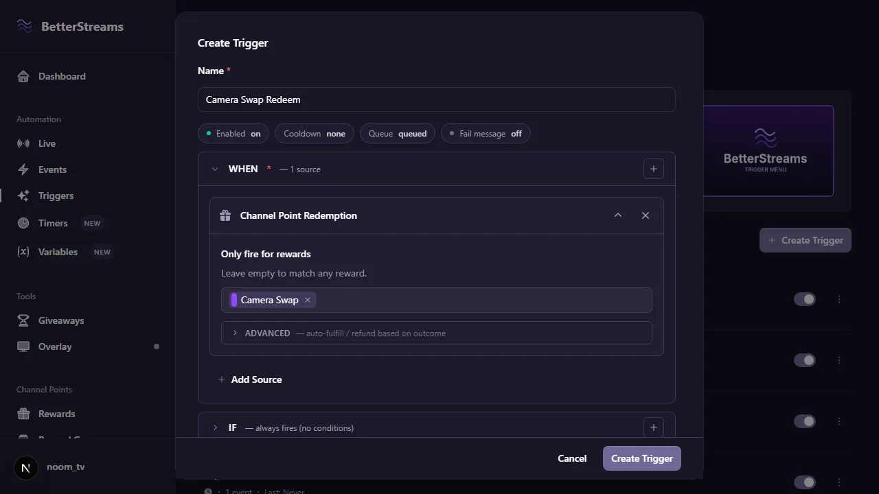 A trigger being built in the BetterStreams dashboard, named Camera Swap Redeem, with a Channel Point Redemption source set to only fire for the Camera Swap reward.