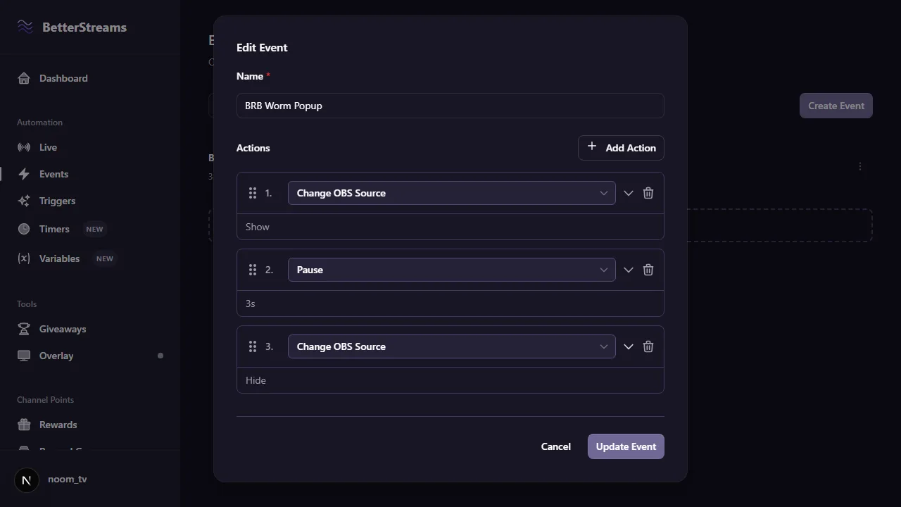 An event with three actions listed in order: show a scene item, pause, then hide the same scene item.