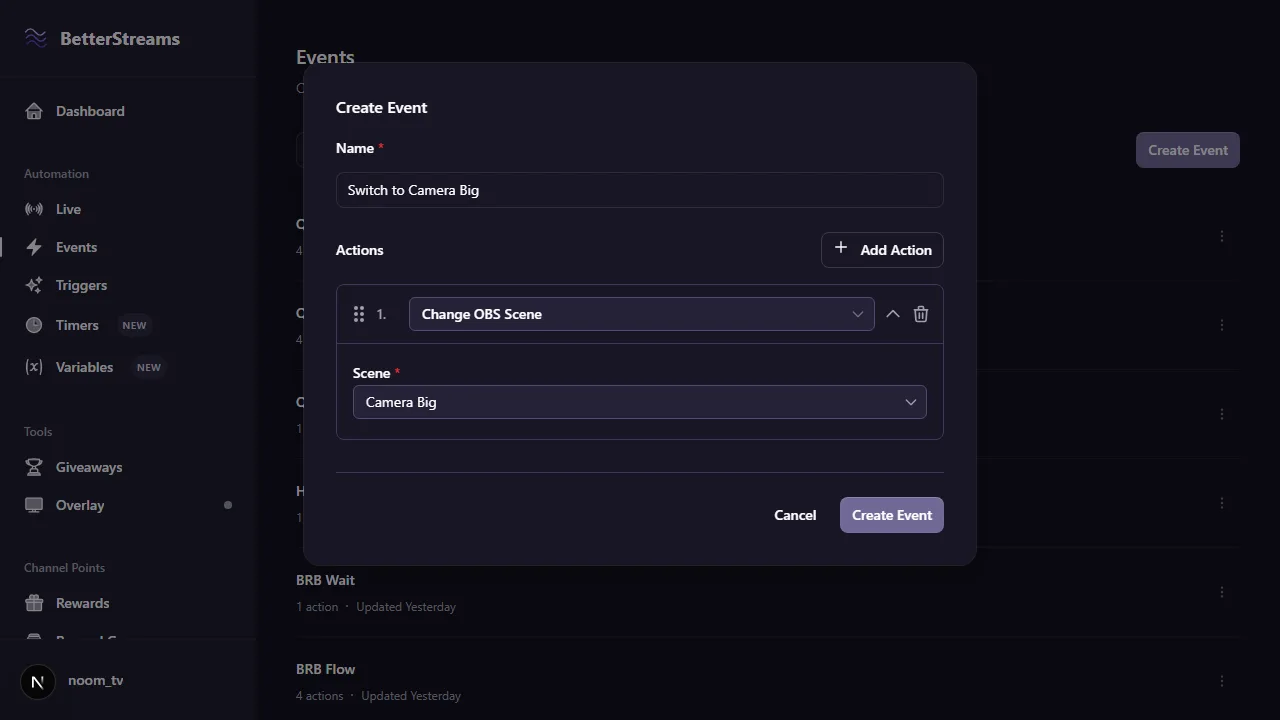 The BetterStreams action editor with a Change OBS Scene action added and a scene picked from the scene dropdown.