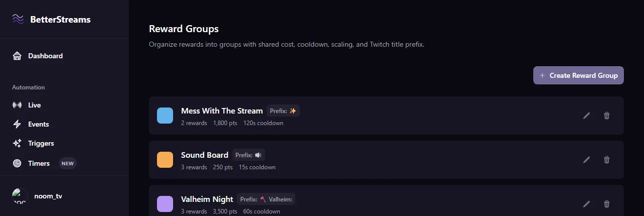 The Reward Groups screen listing three groups, each showing its title prefix, how many rewards are in it, and the cost and cooldown they all share.