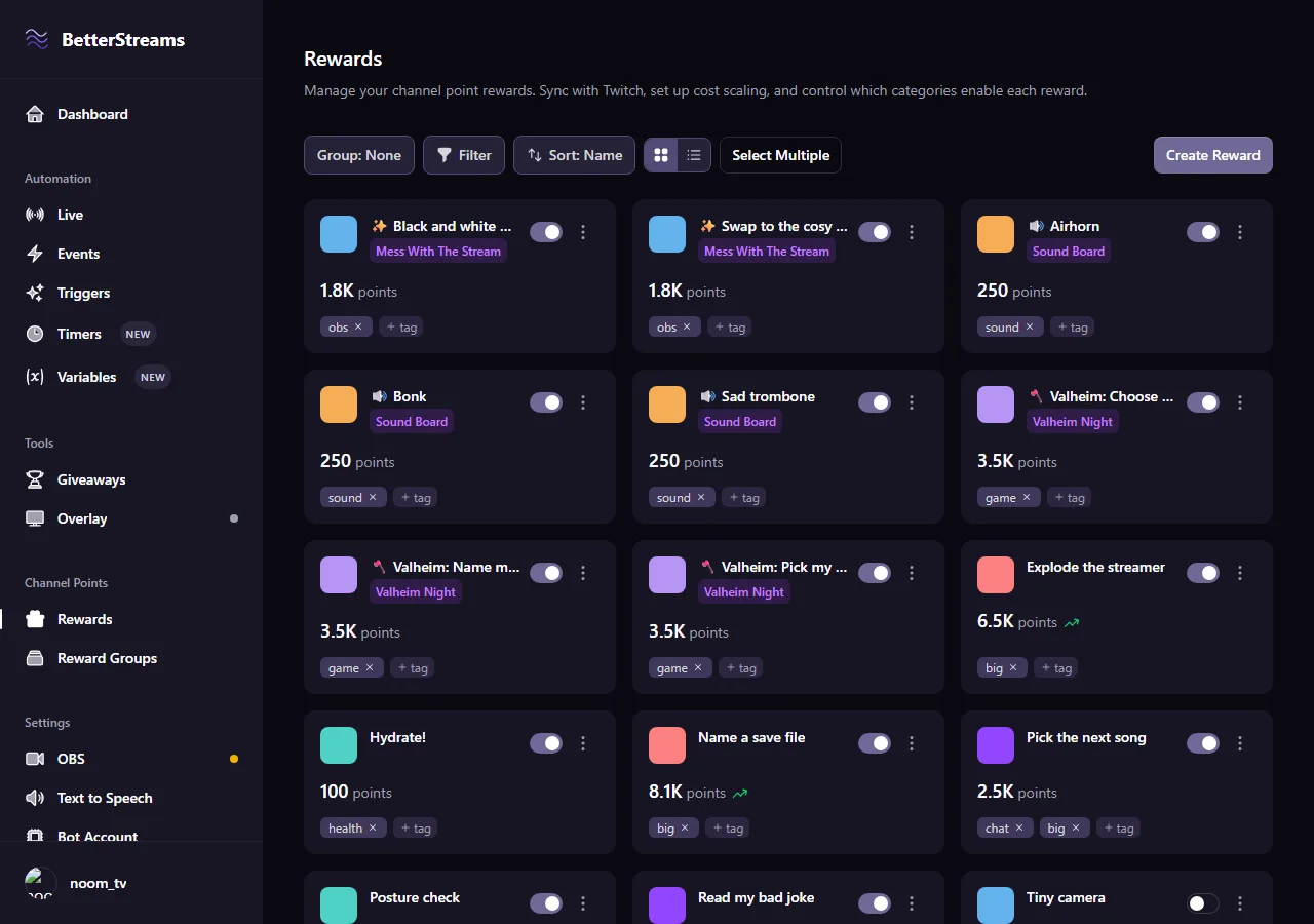 The BetterStreams rewards screen showing sixteen channel point rewards as a grid of cards, each with its cost and tags, several carrying a group name and title prefix, and two showing a raised price with a scaling arrow beside it.