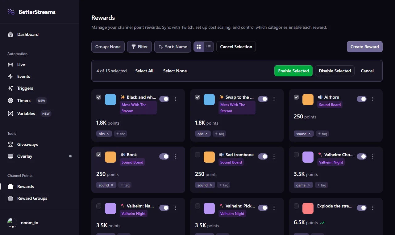 The rewards screen in selection mode, reading four of sixteen selected, with Enable Selected and Disable Selected buttons above the list and four cards ticked.
