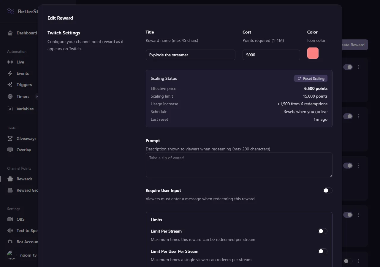 The Scaling Status panel on a single reward, listing its effective price, its scaling limit, how much the price has risen and over how many redemptions, and when it next resets.