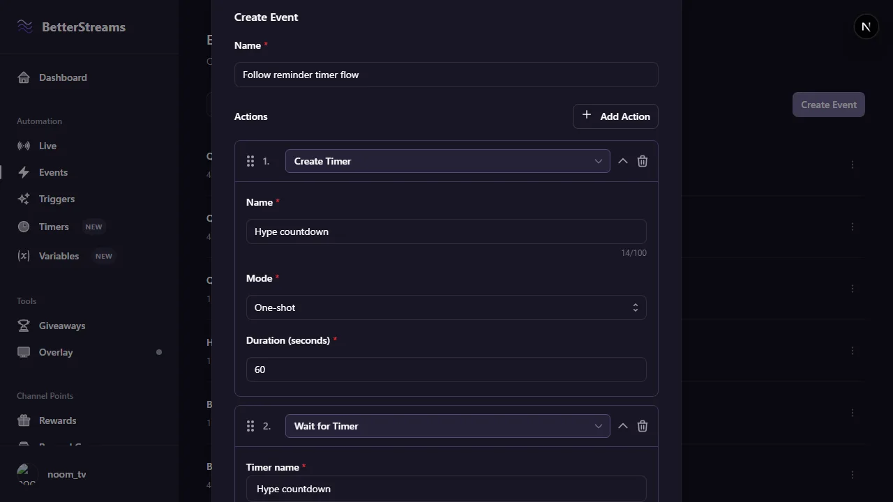The create event form with a Create Timer action set to a 60 second one-shot, followed by a Wait for Timer action pointing at the same timer.
