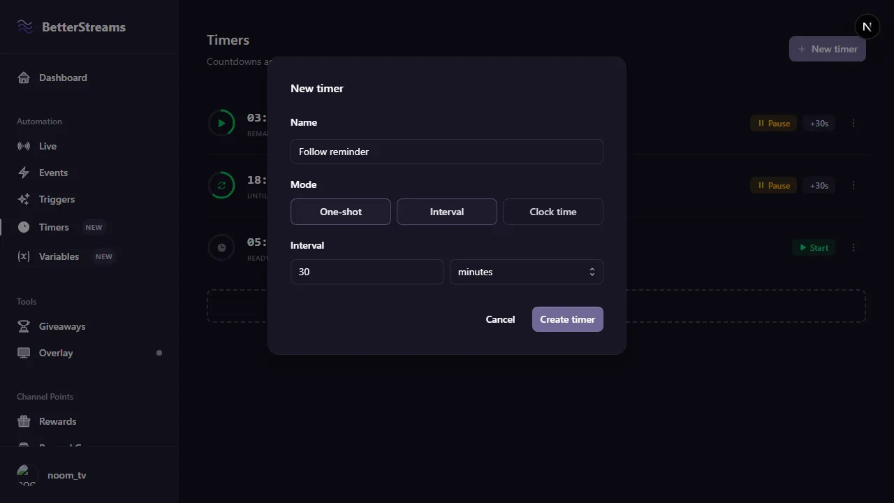 The new timer dialog with a name filled in, Mode set to Interval, and an interval of 30 minutes.